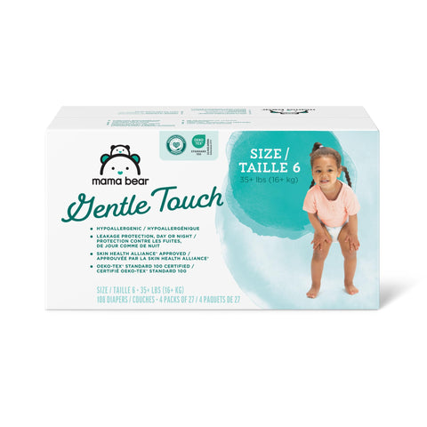 Amazon Brand - Mama Bear Gentle Touch Diapers, Hypoallergenic, Size 6, 108 Count (4 packs of 27), White