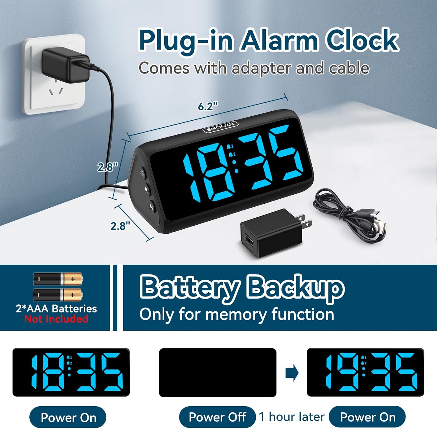 Netzu Digital Alarm Clocks for Bedrooms, Loud Alarm Clock with Dual Alarms, Bold Digits, 5 Dimmers, 4 Volumes, Snooze, Bedside Clock for Deep Sleepers Kids Teens Seniors, Plug in Clock, Easy to Set