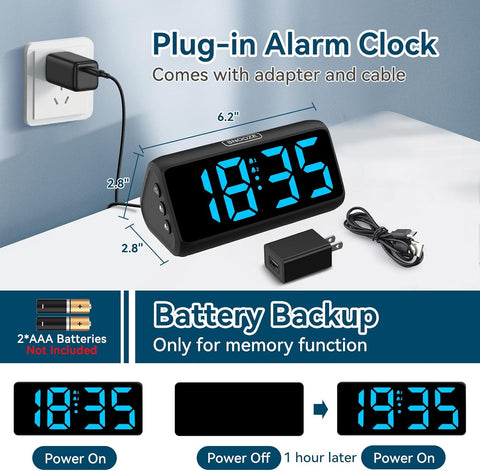 Netzu Digital Alarm Clocks for Bedrooms, Loud Alarm Clock with Dual Alarms, Bold Digits, 5 Dimmers, 4 Volumes, Snooze, Bedside Clock for Deep Sleepers Kids Teens Seniors, Plug in Clock, Easy to Set