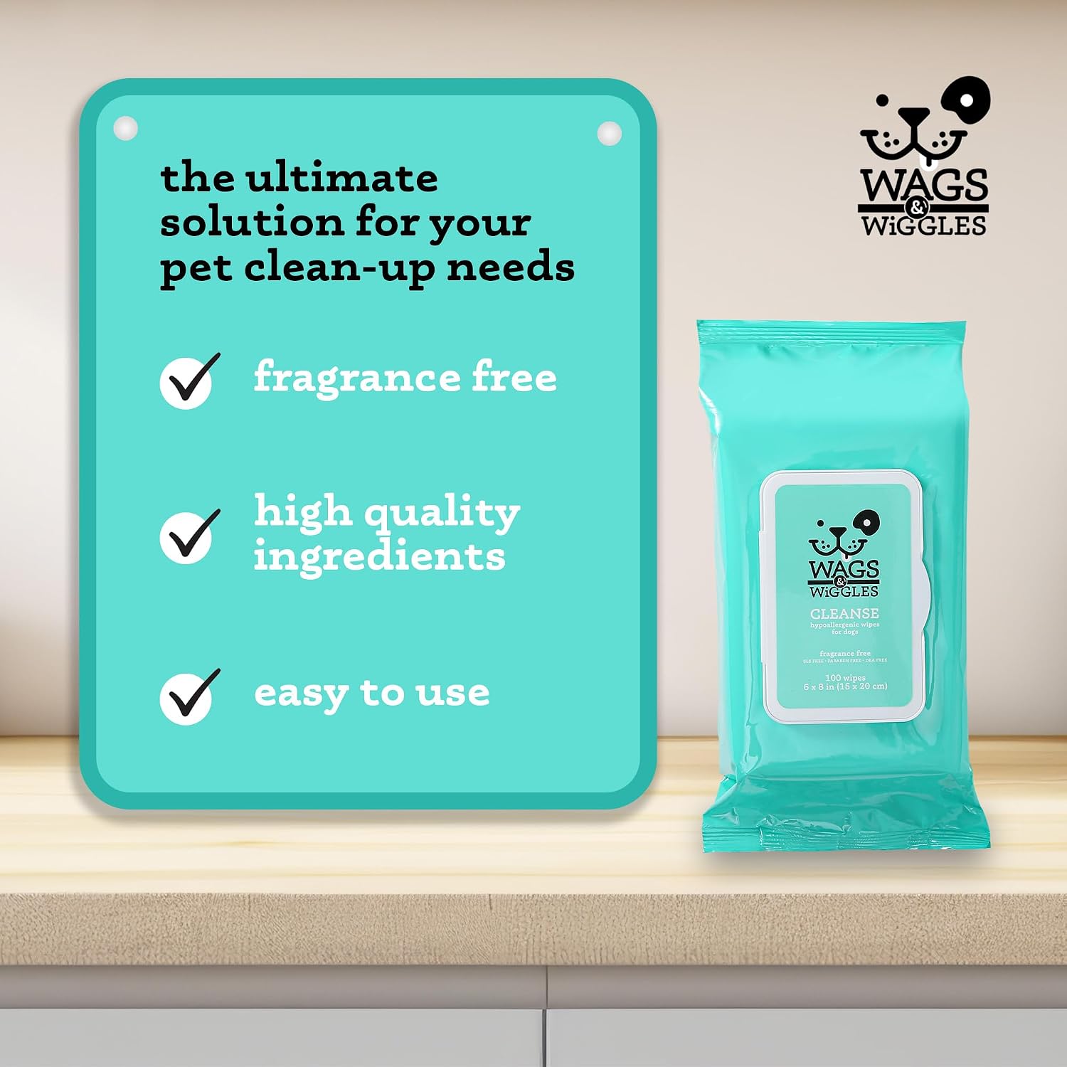 Wags & Wiggles Hypoallergenic Dog Wipes, Fragrance-Free, 100 Count