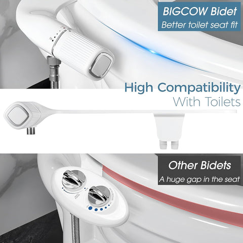 BIGCOW Ultra-Slim Bidet Attachment for Toilet - Dual Nozzle (Frontal & Rear Wash) with Adjustable Cold Water Pressure and Stainless Steel Inlet - Hygienic Solution for Fresh Cleanliness, Silver 1 Pcs