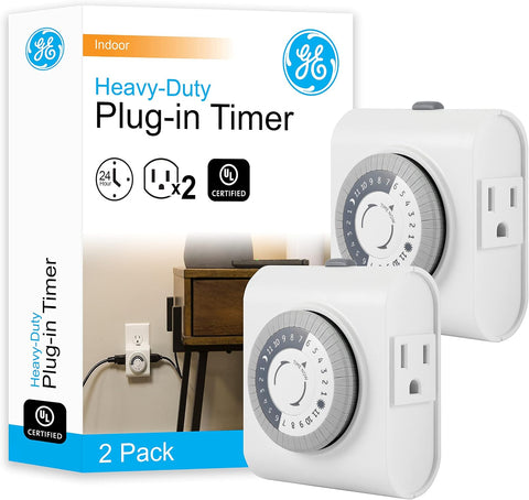 GE 24‑Hour Plug-in Mechanical Timer Outlet, 2 Grounded Outlets, 2 Pack