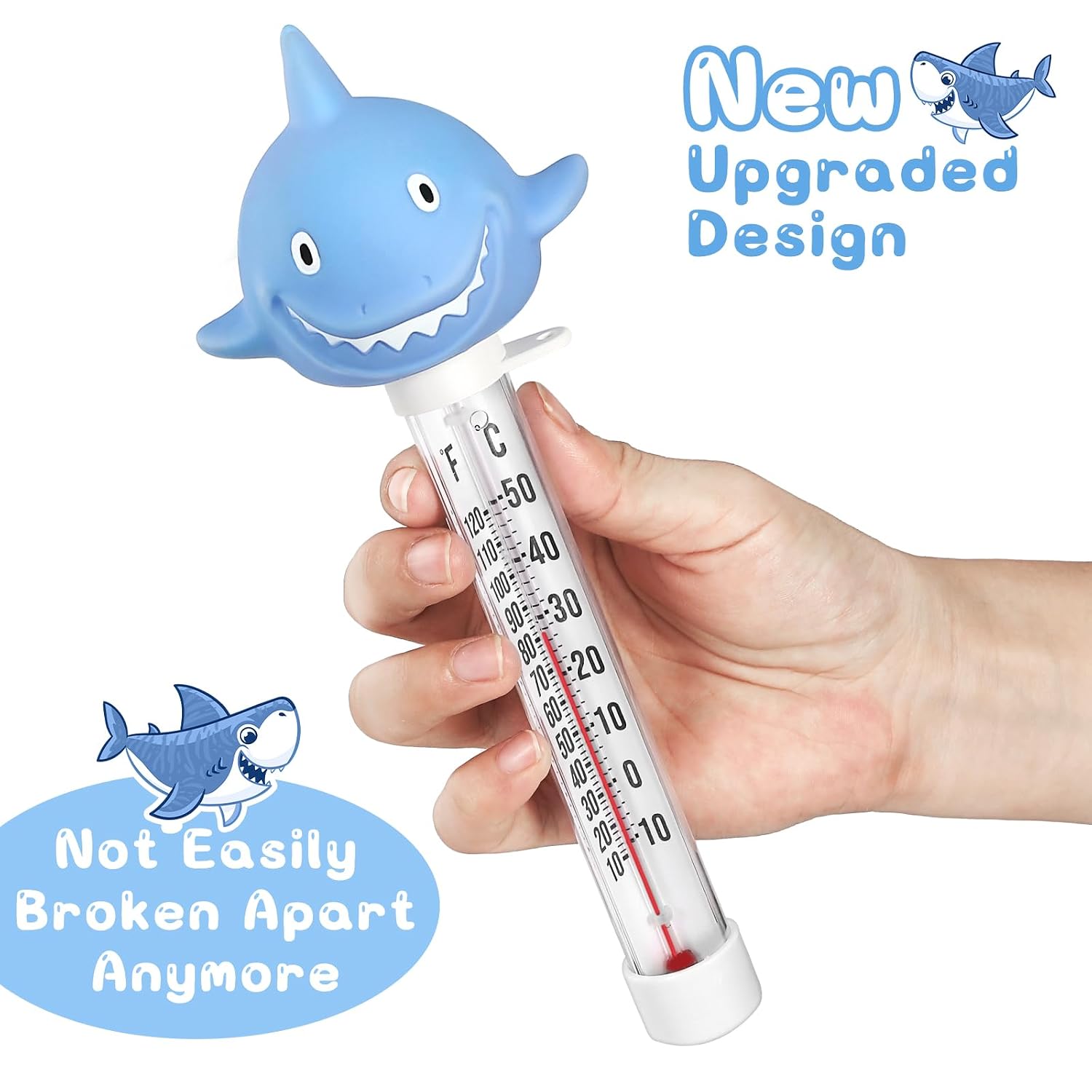 Pool Thermometer Floating, Water Temperature Thermometer with String, Large Size Easy Read & Shatter Resistant Pool Accessories for Outdoor & Indoor Swimming Pool, Spa,Ice Bath and Hot Tub (Shark)