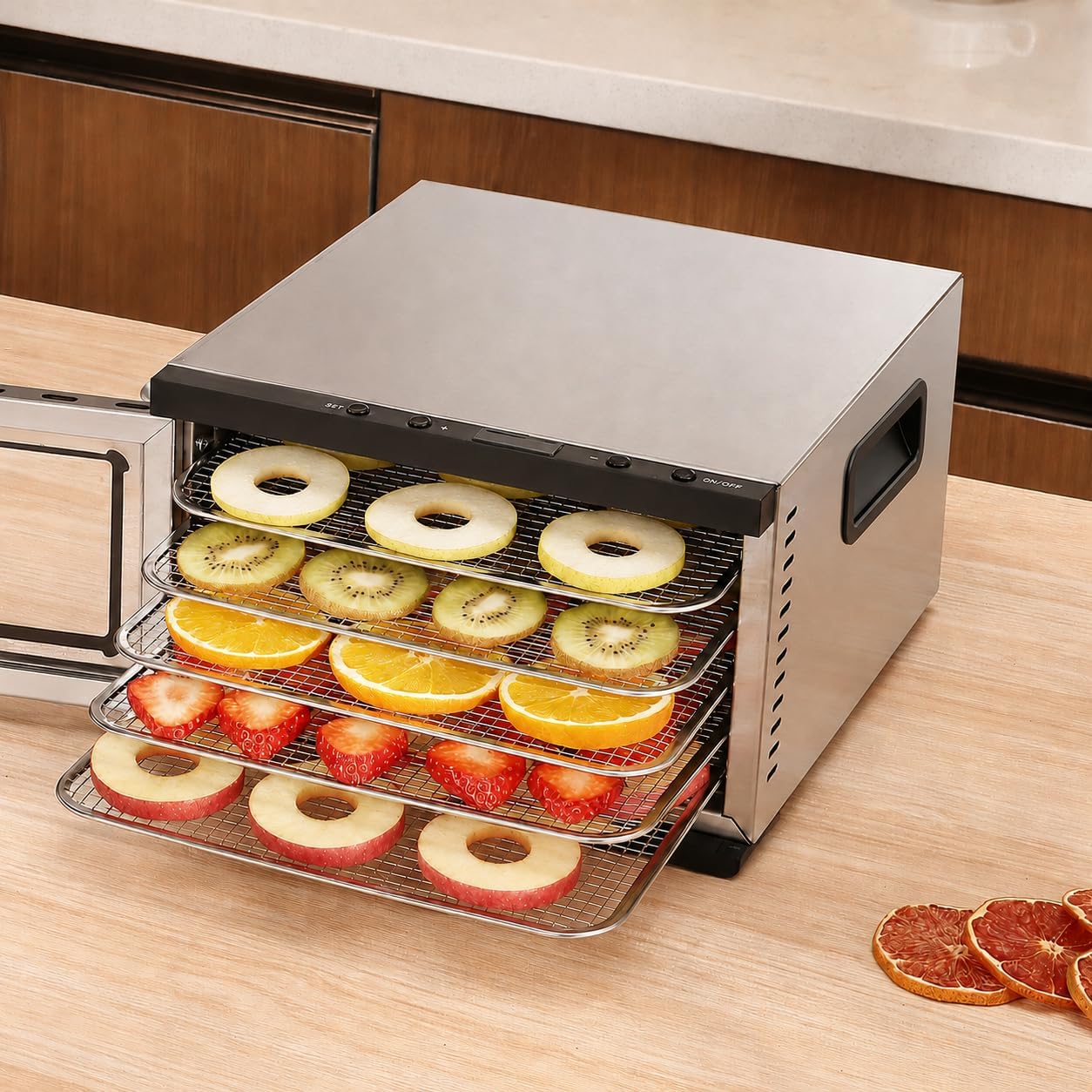 Food Dehydrator Machine - 5 Stainless Steel Trays, Digital Adjustable Timer, 400W, 176°F, Temperature Control, Mini Dryer for Jerky, Herb, Meat, Beef, Fruit and Dog Treats, Model 2015YJ, Silver