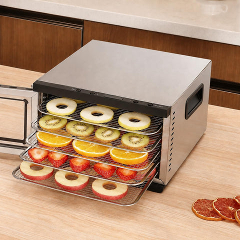 Food Dehydrator Machine - 5 Stainless Steel Trays, Digital Adjustable Timer, 400W, 176°F, Temperature Control, Mini Dryer for Jerky, Herb, Meat, Beef, Fruit and Dog Treats, Model 2015YJ, Silver