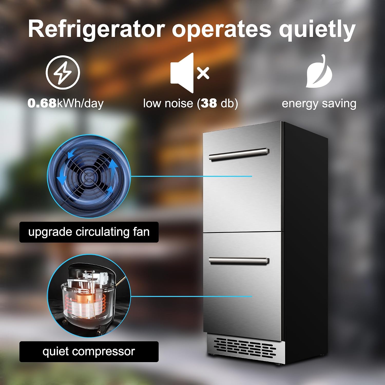 15 Inch Outdoor Drawer Fridge, Under Counter Double Drawer Beverage Refrigerator, 3.39 Cu.Ft., Silver, BC-96WS