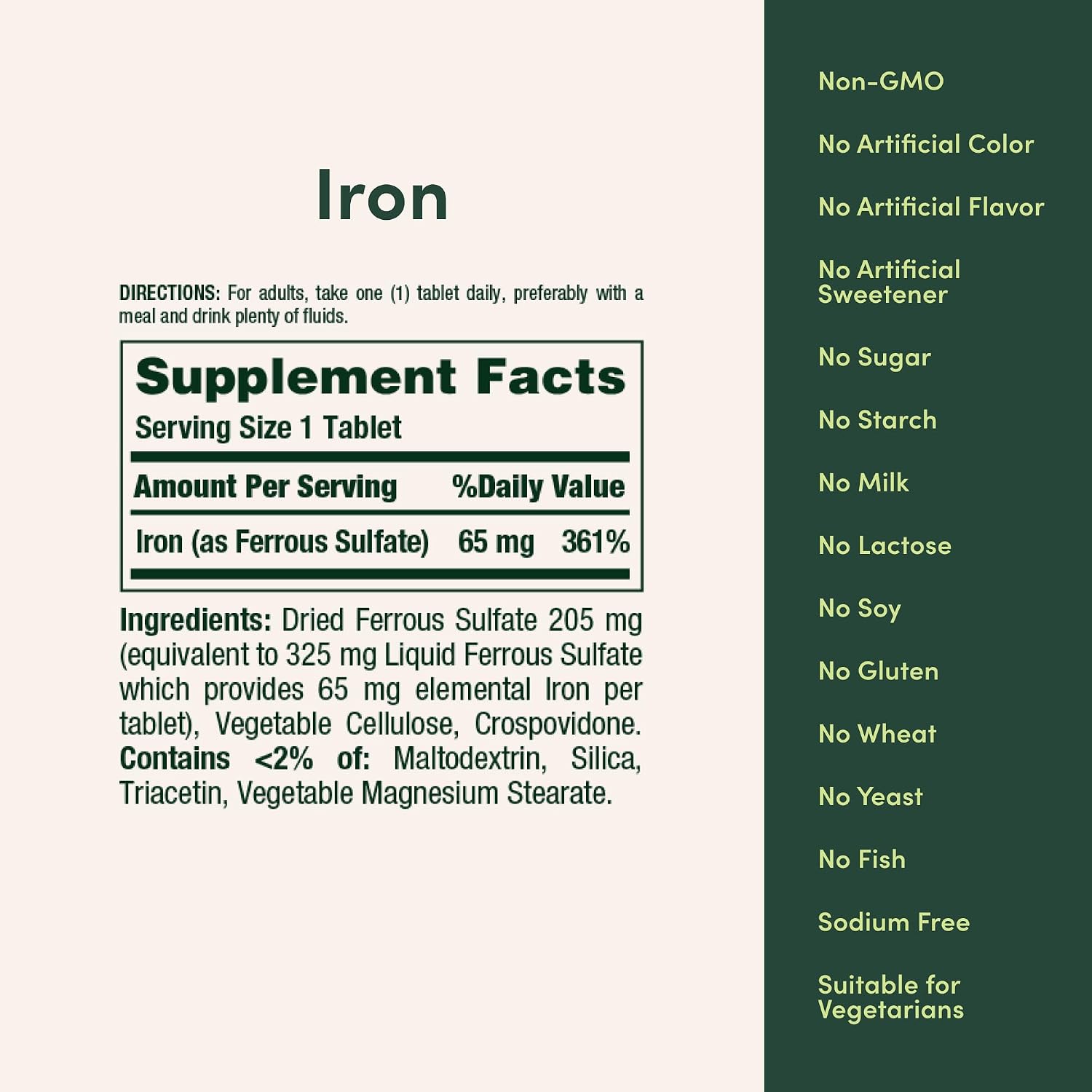 Nature’s Bounty Iron 65mg, 325mg Ferrous Sulfate, 100 Tablets