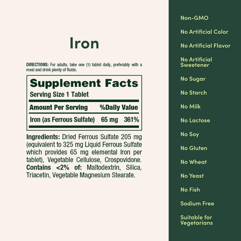Nature’s Bounty Iron 65mg, 325mg Ferrous Sulfate, 100 Tablets