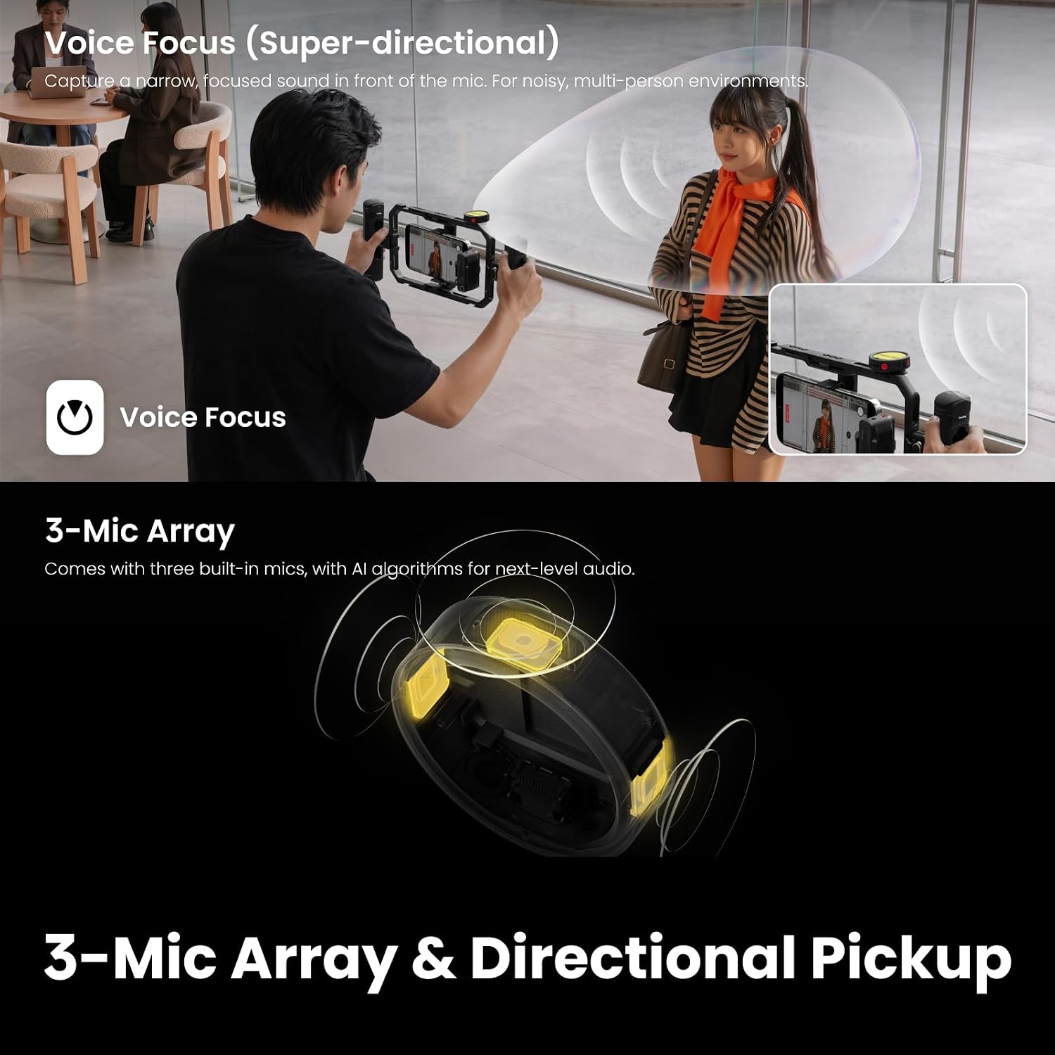Insta360 Mic Pro Transmitter, Wireless Mini Lavalier Microphone for iPhone/Camera/Android, Video Recording, Bluetooth, Customizable E-Ink Display, 3-Mic Array, 32-bit Float Internal Recording