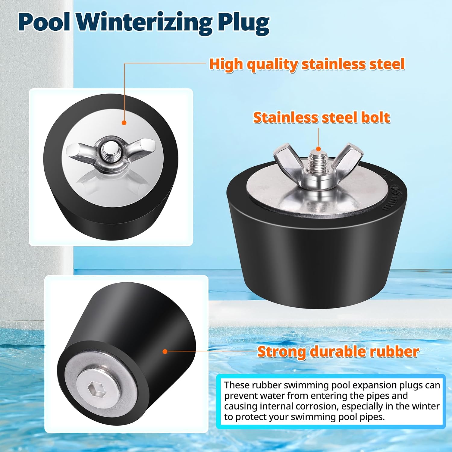 2 Pack Rubber Pool Winter Plugs with One T-Handle 1" – 1.25" Pool Winterizing Plugs with Stainless Steel Screws Pool Return Jet Plug Inground & Above Ground Skimmer Plug for Pools