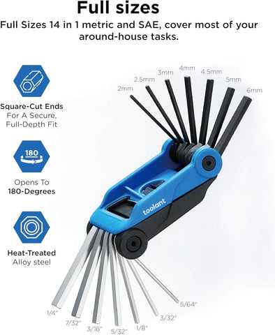 Kraftek toolant 14PCS Folding Allen Wrenches Sets, Metric Allen Key Set 2mm- 6mm, SAE Hex Key Set 5/64”- 1/4", CRV Steel EDC Tool for Bike Repair & Home,Compact Foldable Hex Key Set