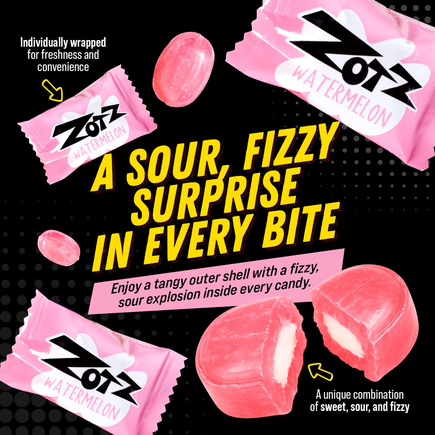 ZOTZ Fizzy Sour Candy Bulk - Retro Italian Hard Candy Individually Wrapped - Classic Nostalgic Watermelon Flavor - 46 Pieces Bag for Party Favors, Goodie Bags, Piñata & Candy Buffet