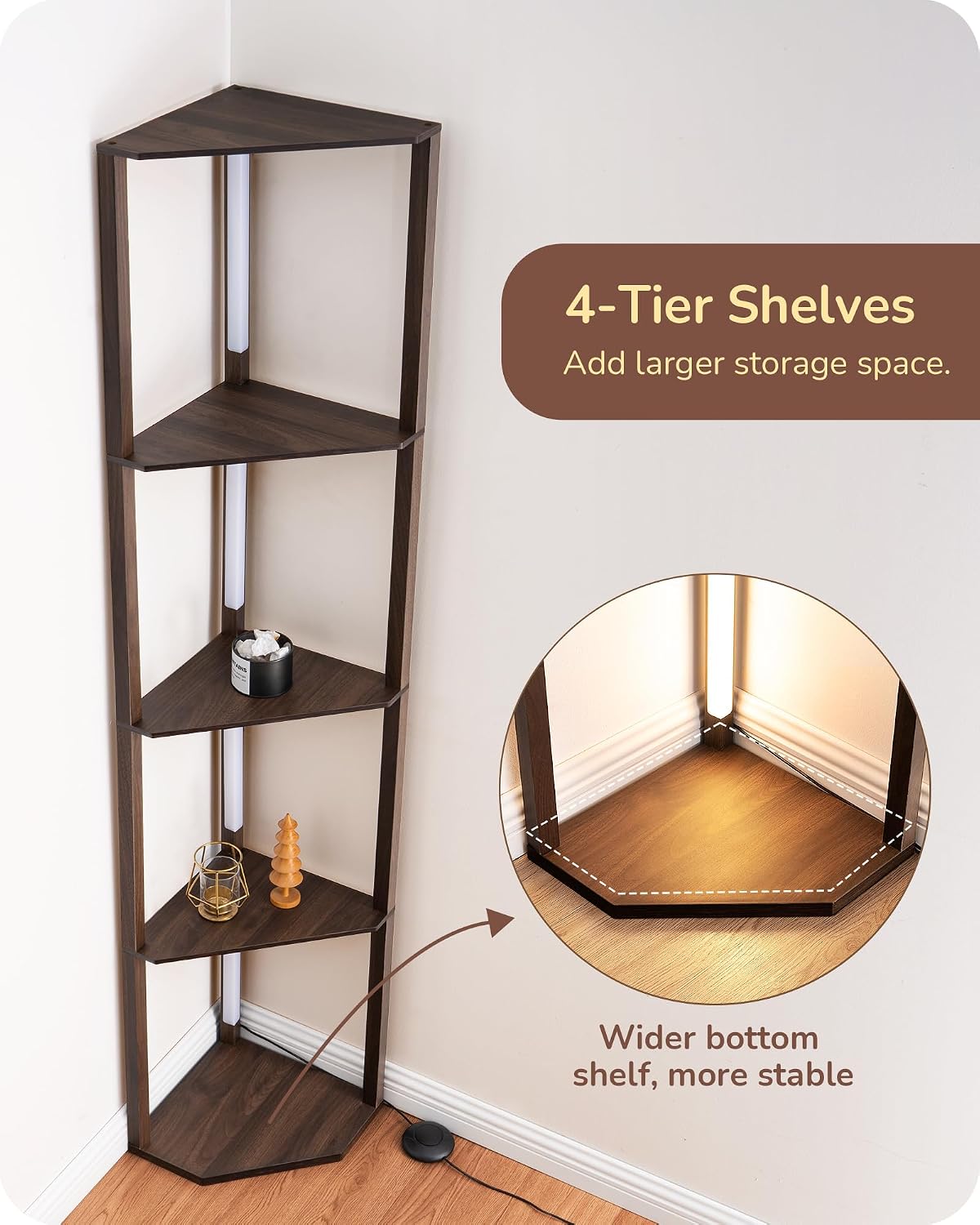 EDISHINE LED Corner Floor Lamp with Shelves, 3CCT, for Living Room, Walnut