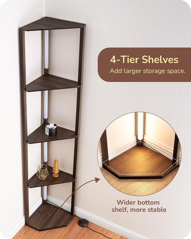 EDISHINE LED Corner Floor Lamp with Shelves, 3CCT, for Living Room, Walnut