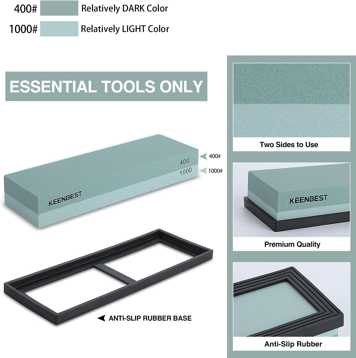 KEENBEST 400 1000 Premium Material Whetstone Sharpening Stone Set 2 Side Kitchen Knife Sharpener Stone Wet Stones for Sharping Knives Kit Non-slip Rubber Base