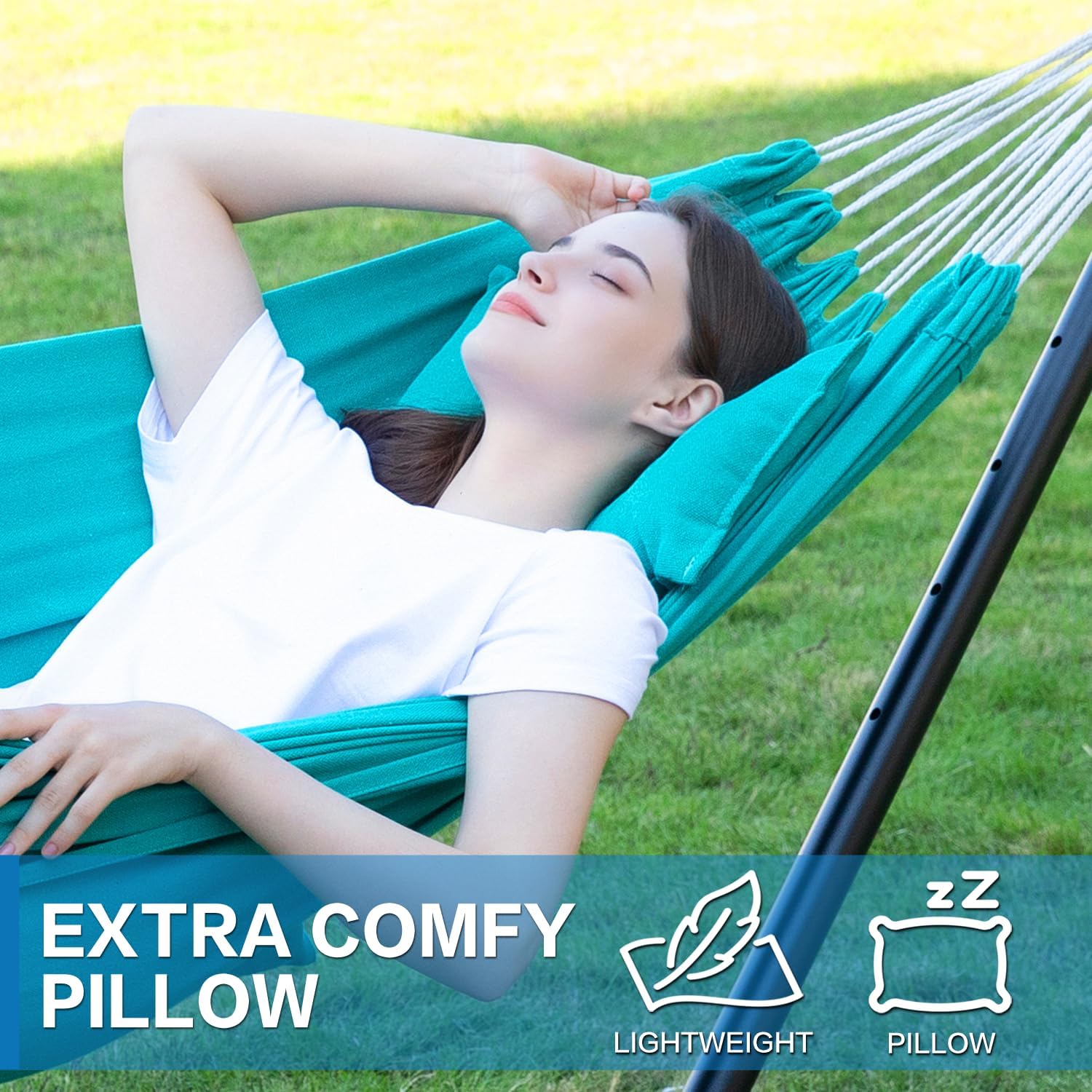 PNAEUT Double Hammock with Stand for Outside, Heavy-Duty, Portable (Aqua)