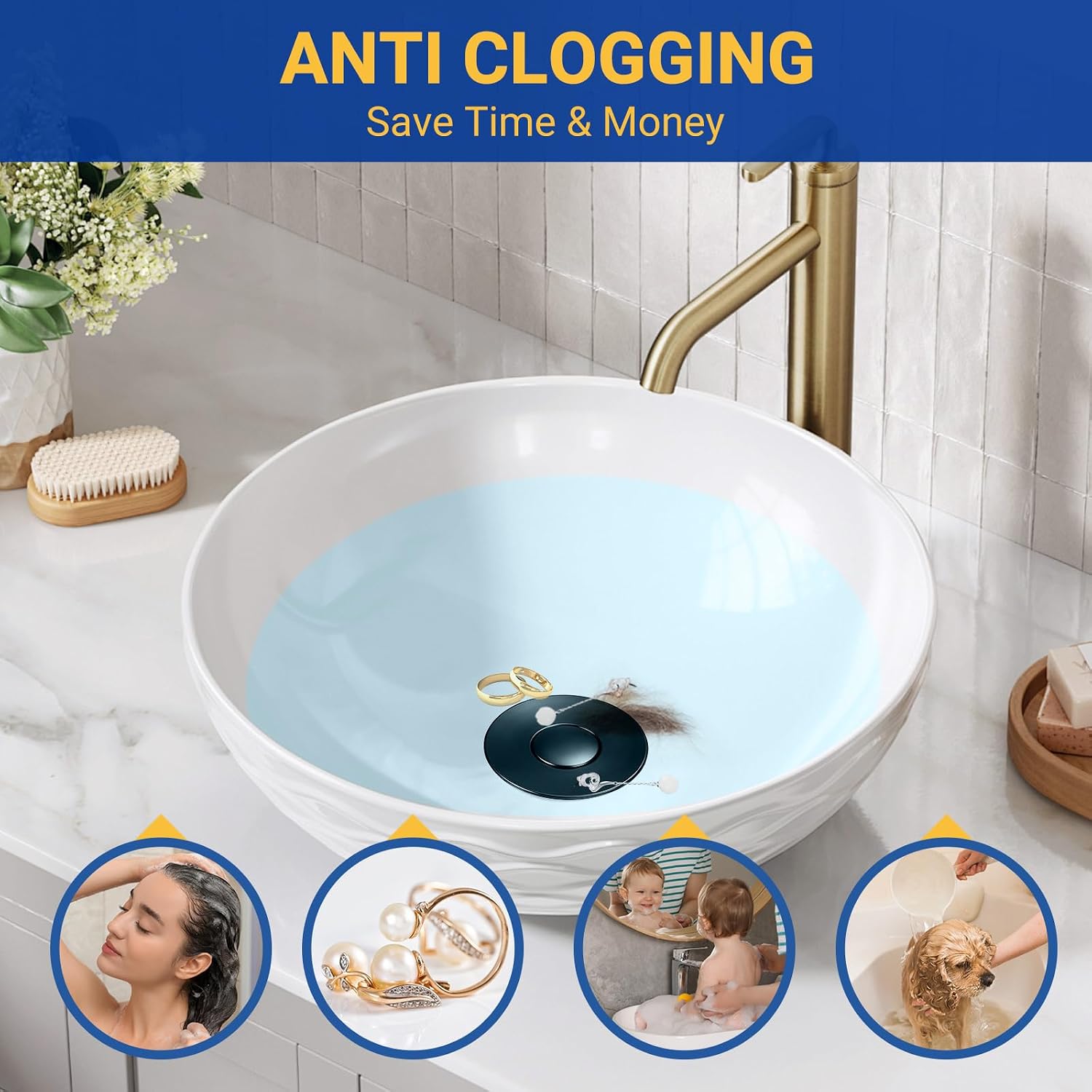 Bathroom Sink Drain Strainer, Pop-Up Bathroom Sink Stopper with Removable Stainless Steel Hair Catcher Basket, Universal Fit for US Bathroom Sinks, Showers & Floor Drains (1pcs-Black)