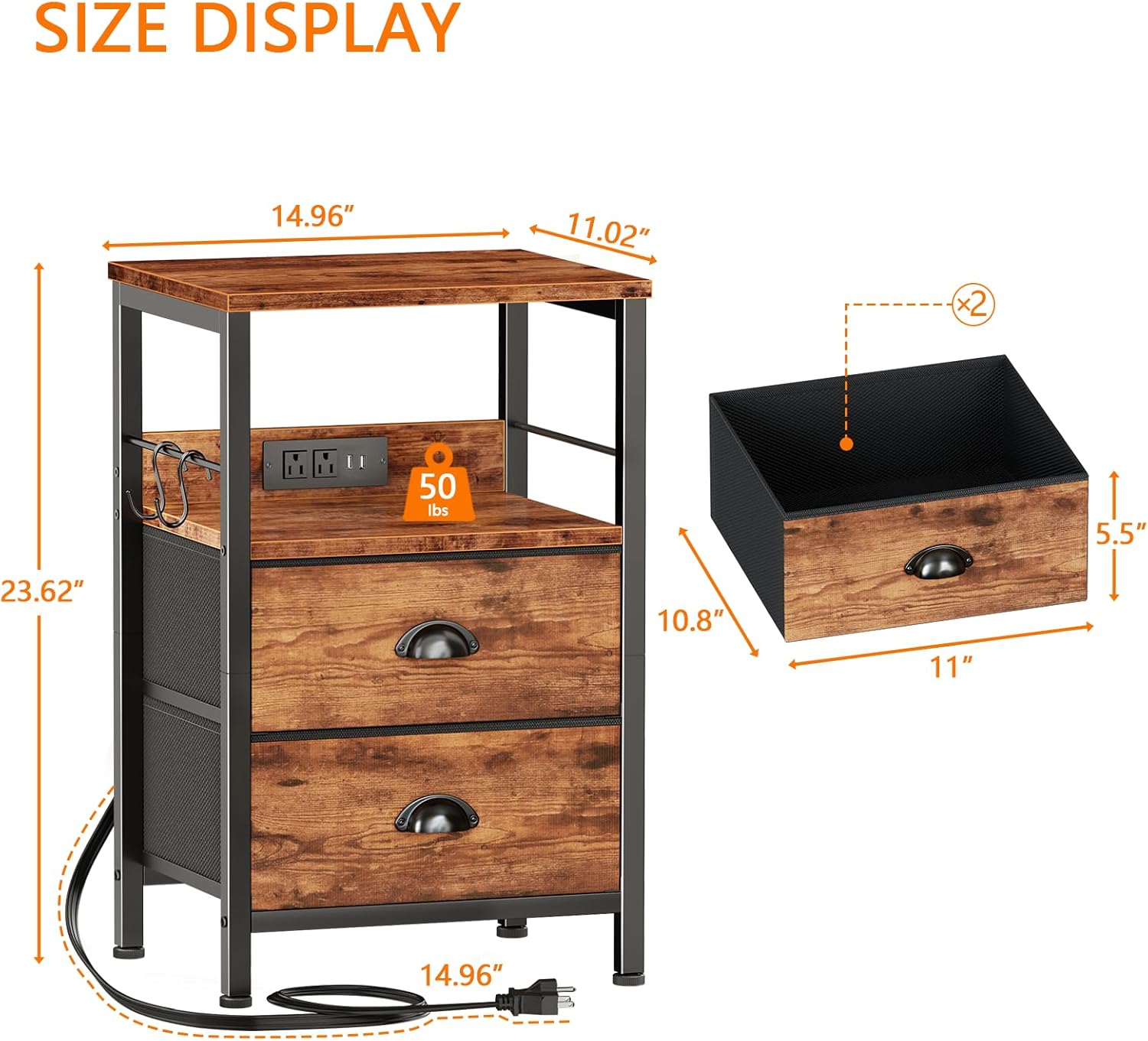 Furologee Nightstands Set of 2 with Charging Station, 2 Fabric Drawers