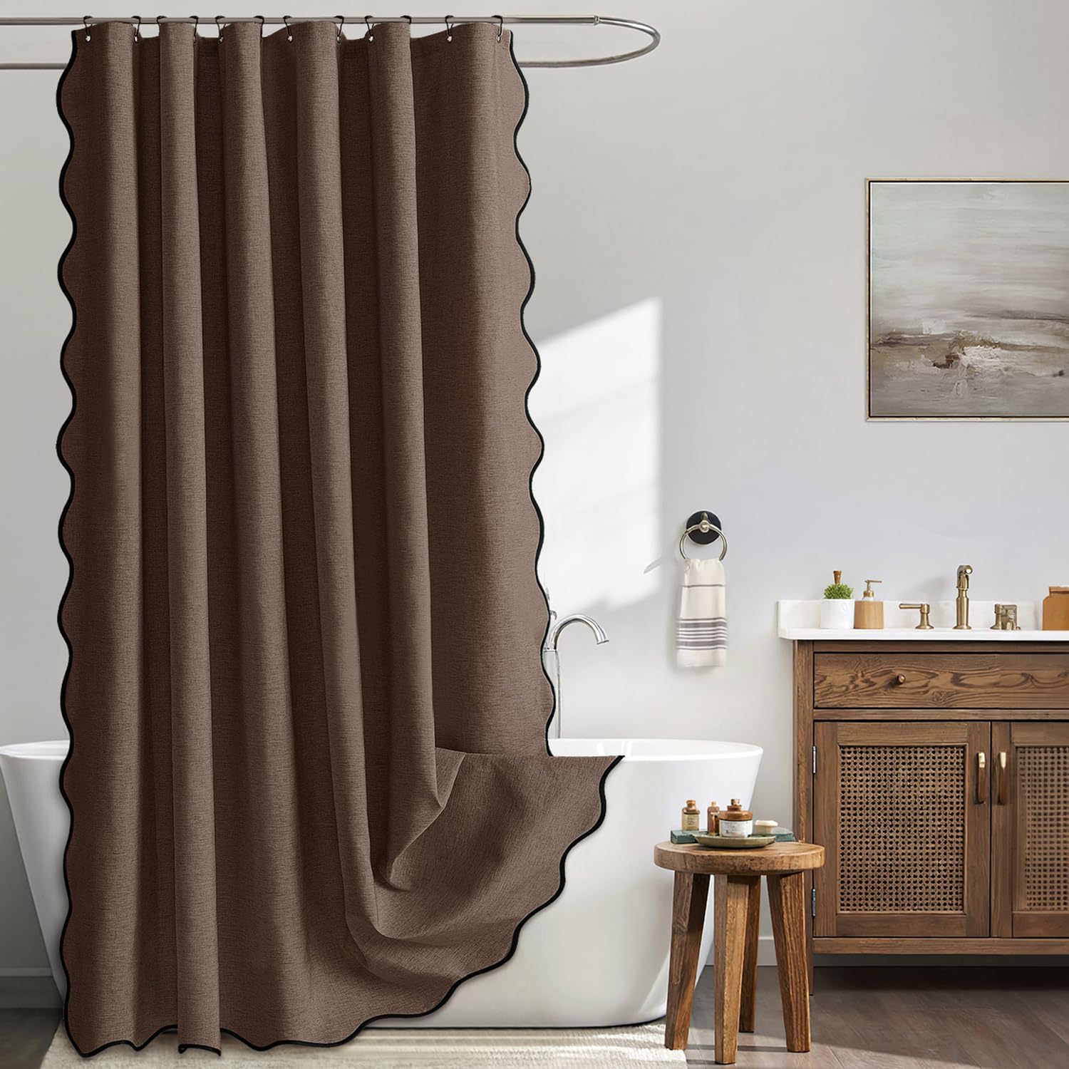 MIULEE Brown Scalloped Linen Shower Curtain 72x72 Inches