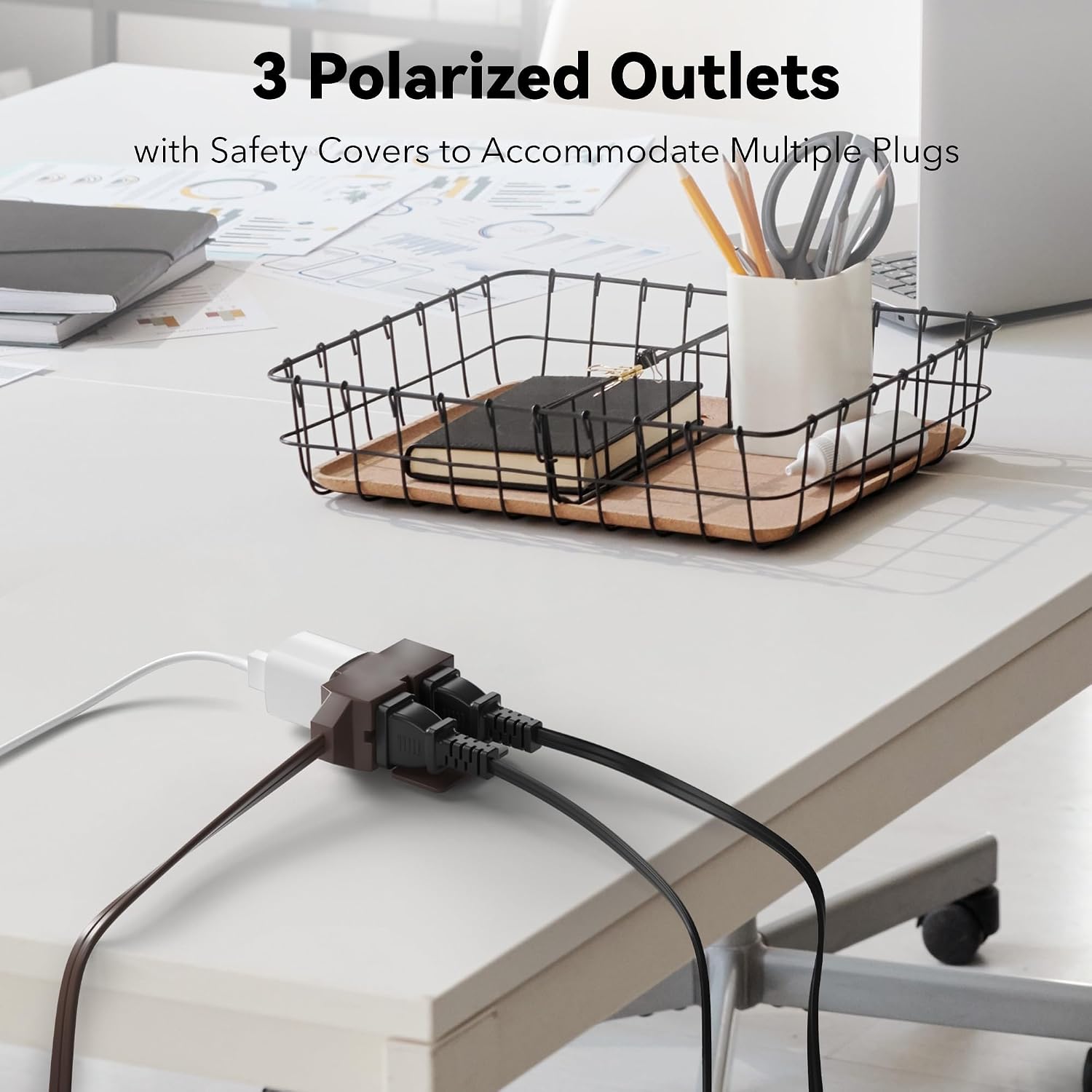 BN-LINK 6ft Indoor Extension Cord, 2 Pack, 3-Outlet Polarized Flat Cable, Household Power Cord for Home, Office, and Holiday Decorations, Brown