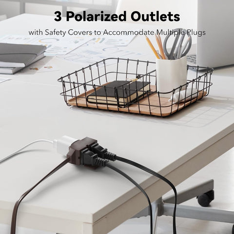 BN-LINK 6ft Indoor Extension Cord, 2 Pack, 3-Outlet Polarized Flat Cable, Household Power Cord for Home, Office, and Holiday Decorations, Brown