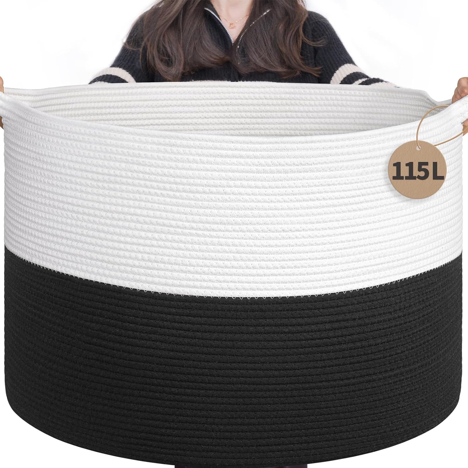 INDRESSME 115L Extra Large Woven Rope Blanket Basket Living Room WhiteBlack