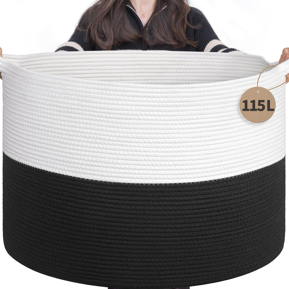 INDRESSME 115L Extra Large Woven Rope Blanket Basket Living Room WhiteBlack