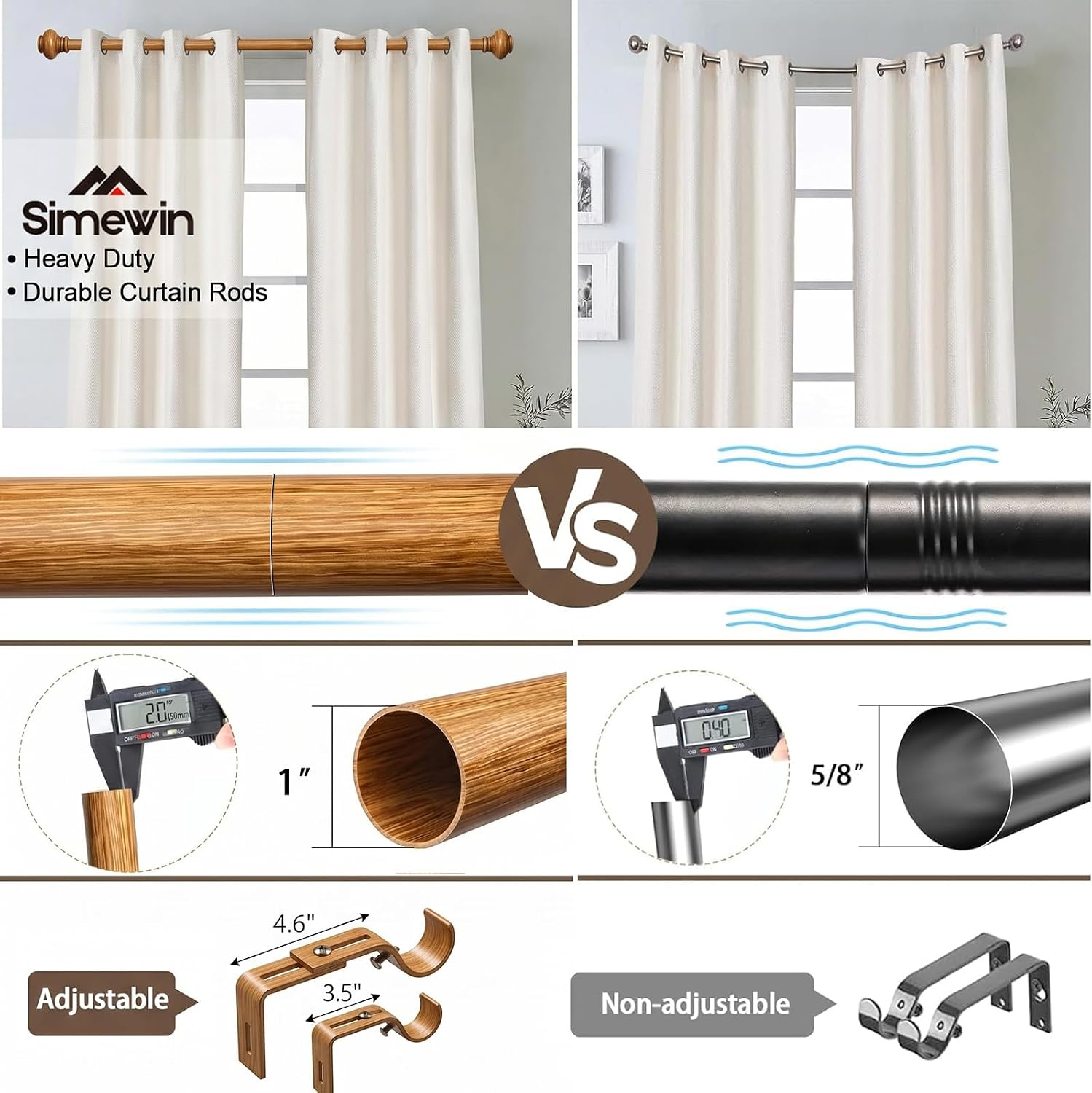 SIMEWIN Wood Curtain Rods for Windows 72 to 144 Inches Adjustable Decorative 1 Inch Diameter Wooden Window Curtain Rod Set with Classic Finials, Wood Finishing