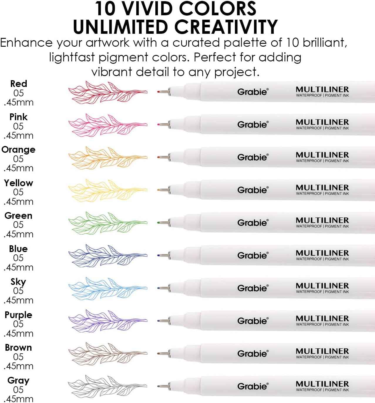 Grabie Micro Fineliner Pens, 10 Multicolor Waterproof Drawing Pens