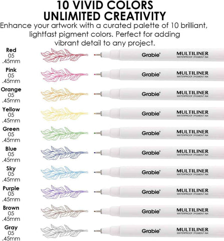 Grabie Micro Fineliner Pens, 10 Multicolor Waterproof Drawing Pens
