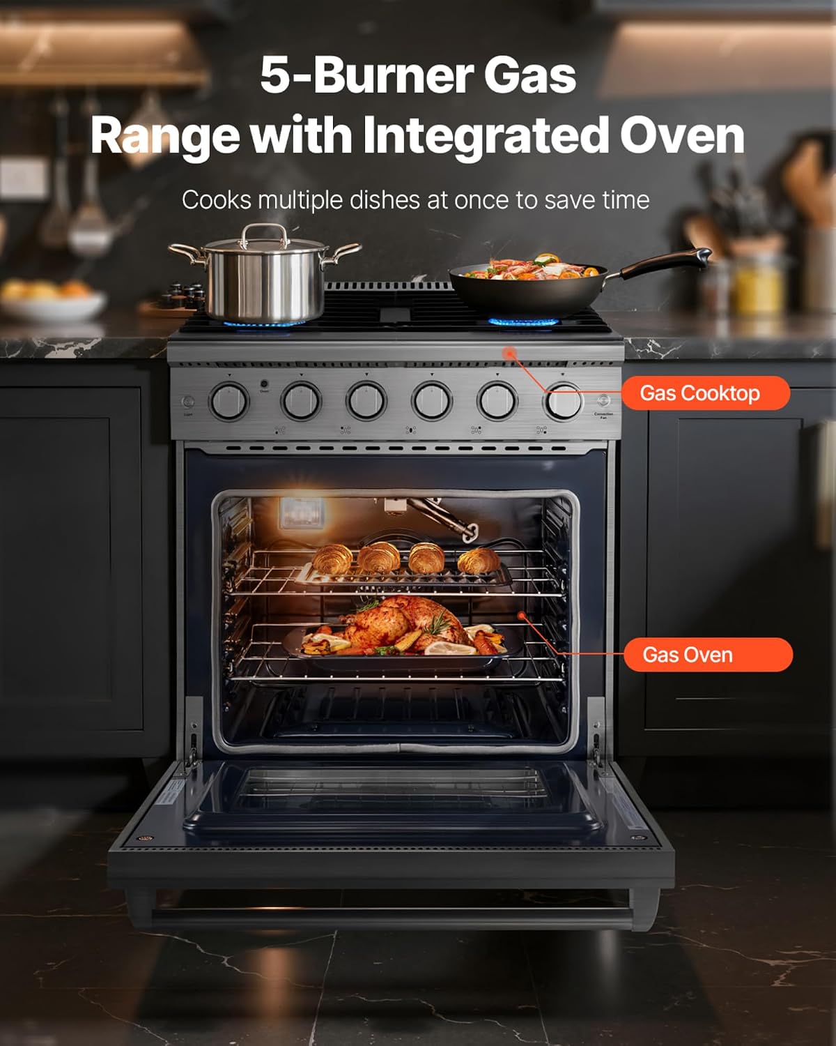 VEVOR Gas Range Oven, 30 Inches Width, Freestanding Stainless Steel Stove and Oven with 5 Sealed Cooktop Burners, Easy Reach Racks, Storage Drawer, 4.8 Cu. Ft. Capacity, for Apartment Home Kitchen