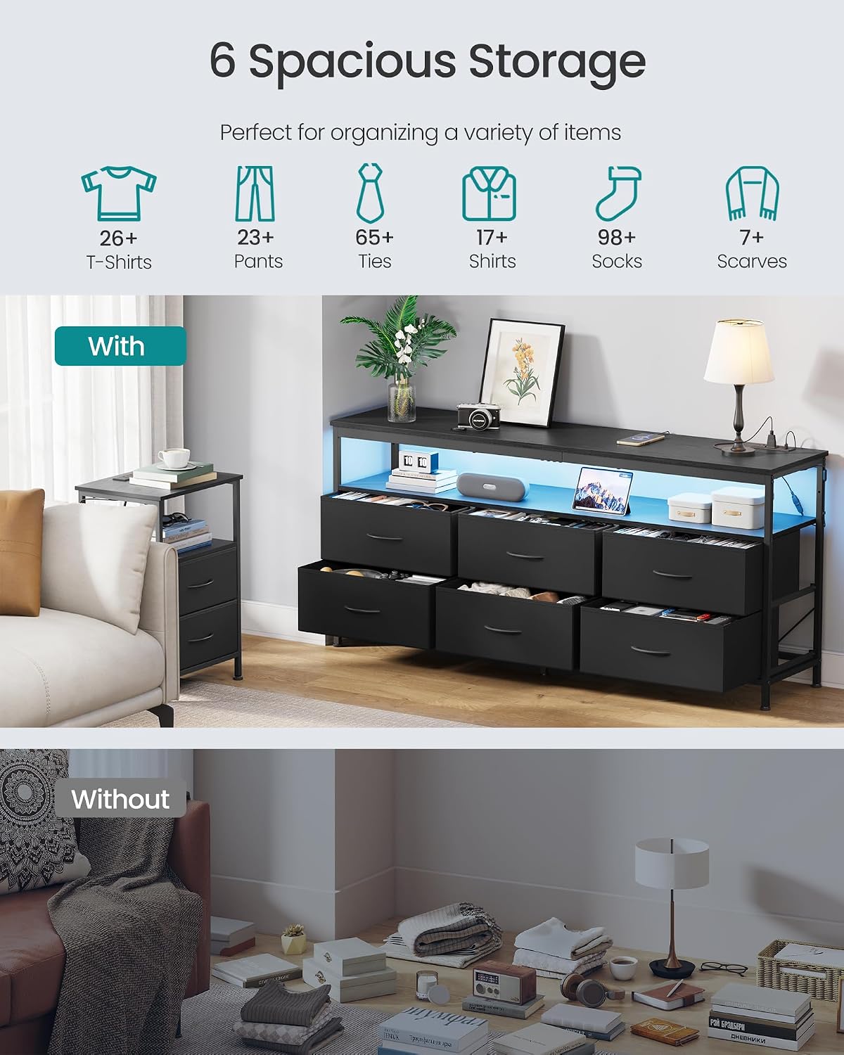 SONGMICS Dresser for Bedroom, Wide Dresser with 6 Drawers & Open Shelf