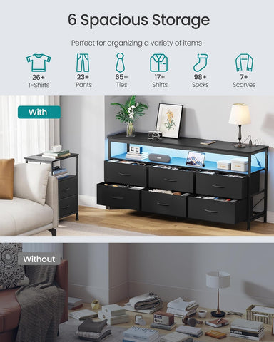 SONGMICS Dresser for Bedroom, Wide Dresser with 6 Drawers & Open Shelf