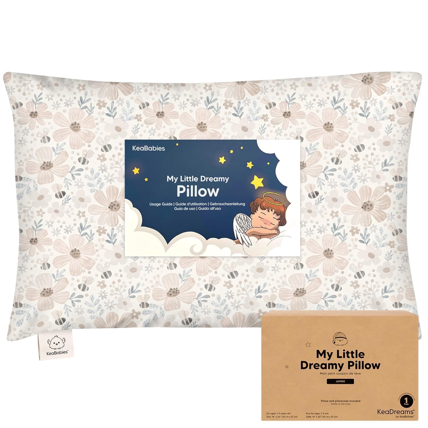 KeaBabies Organic Toddler Pillow with Pillowcase, Jumbo 14X20 (Flora Vale)