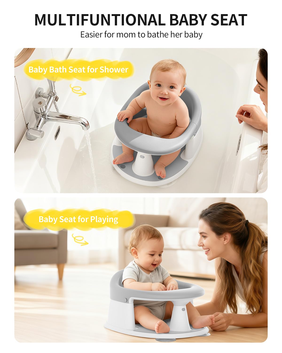Baby Bath Seat for Babies 6 Months & Up, Bath Seats for Babies Sitting Up, Open Design, Non-Slip, Compact Toddler Bath Seat.