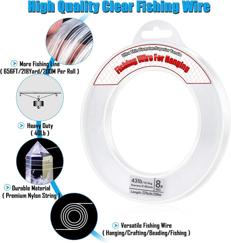 Clear Fishing Wire, Acejoz 656FT Fishing Line Clear Invisible Hanging Wire Strong Nylon String Supports 40 Pounds for Balloon Garland Hanging Decorations