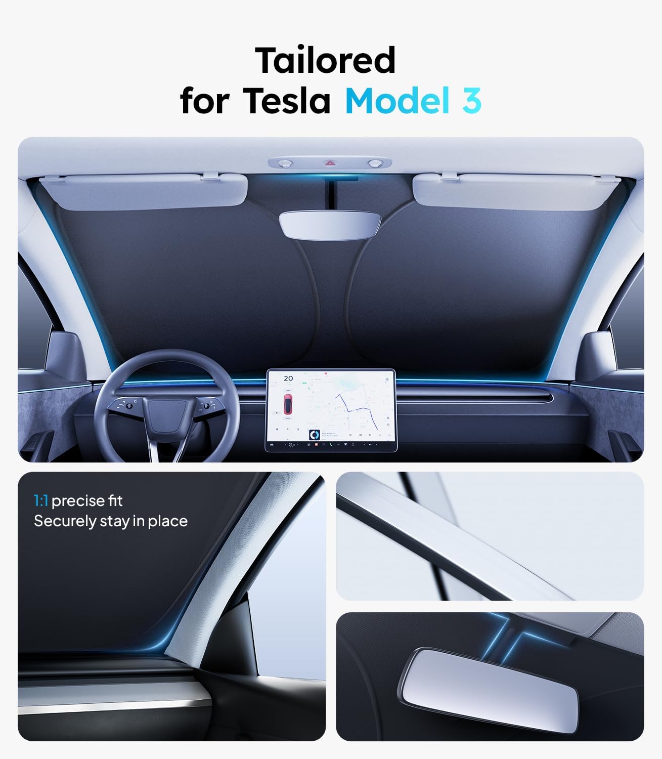 Wigoo for Tesla Model 3 Windshield Sunshade, OEM Design, 100% Sun Block