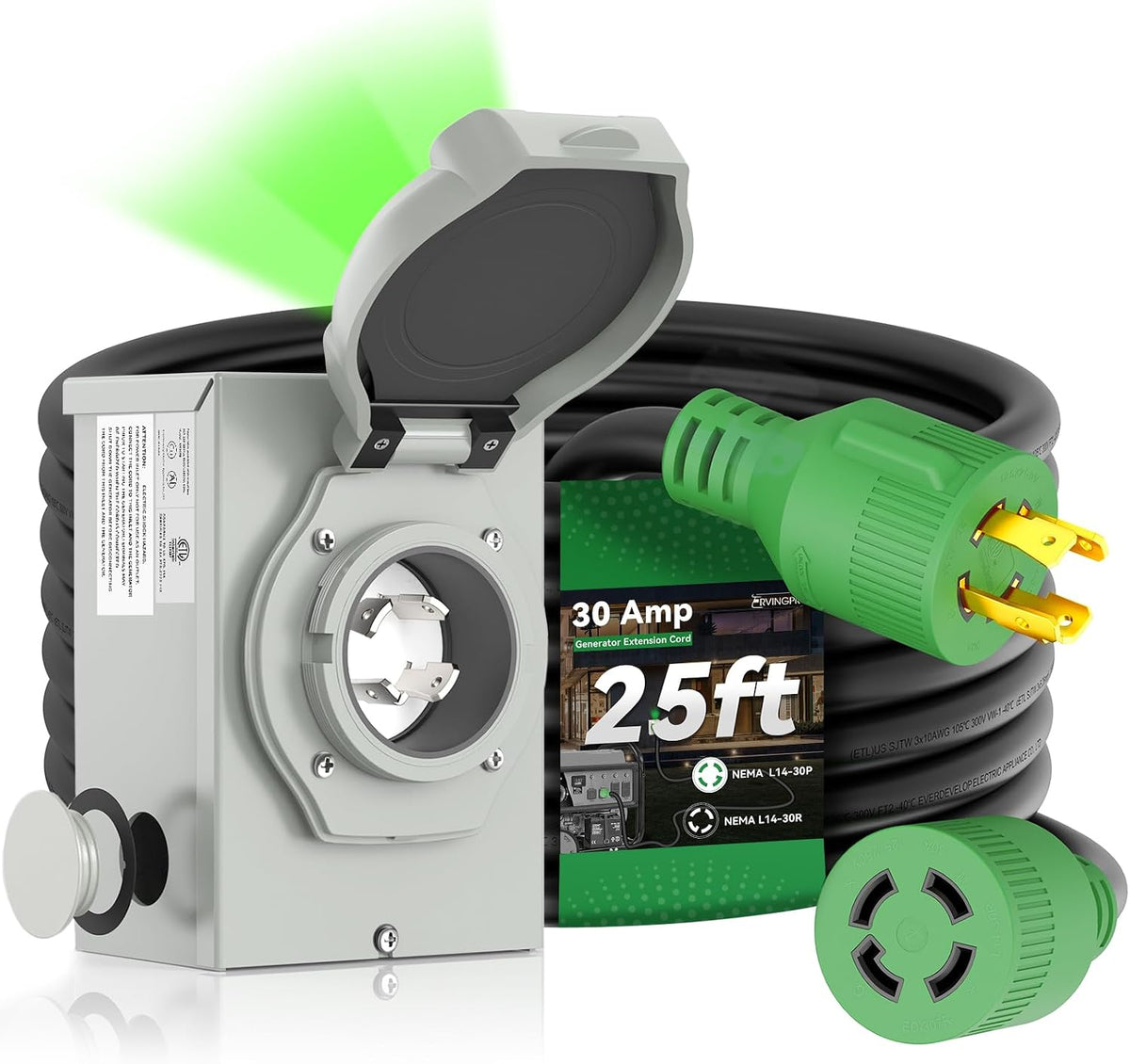 30 Amp Generator Cord 25FT and Pre-Drilled Power Inlet Box