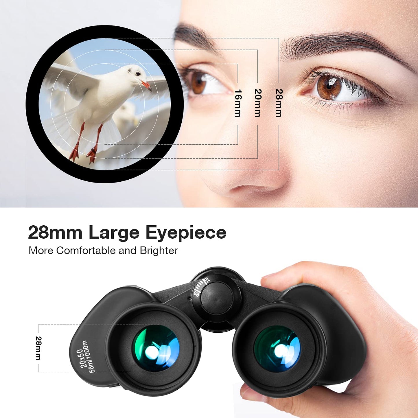 Binoculars for Adults - 20x50 High Power Binoculars for Bird Watching 28mm Large Eyepiece Waterproof Binoculars Hunting Hiking Concert Travel with Smartphone Adapter BAK4 Prism FMC Lens, Black