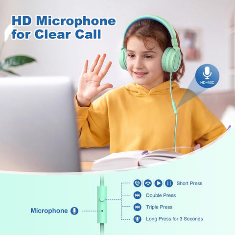 AILIHEN I35 Kids Headphones for School with Mic, 93dB Safe Volume, Green