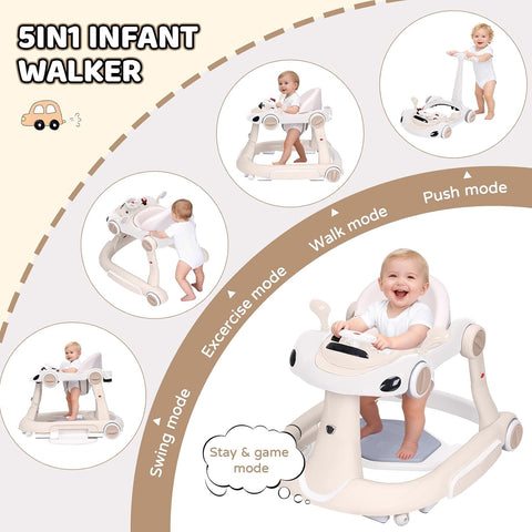 Baby Walker, 4-in-1 Baby Walker with Wheels Portable, Foldable Infant Toddler Walker for Boys Girls 6-18 Month,Removable Footrest,Car Steering Wheel & Music, Adjustable Push Walker Pink, Beige