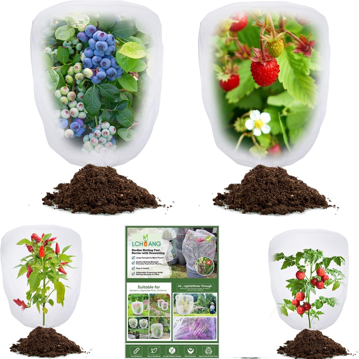 Bird Netting for Garden Protection - 4 Pack Garden Netting Pest Barrier with Drawstring,Mosquito Net Tomato Protective Cover Garden Plant Netting for Blueberry Bushes (5Ft x 4Ft+3.2FT x 2.7FT/4PACK)