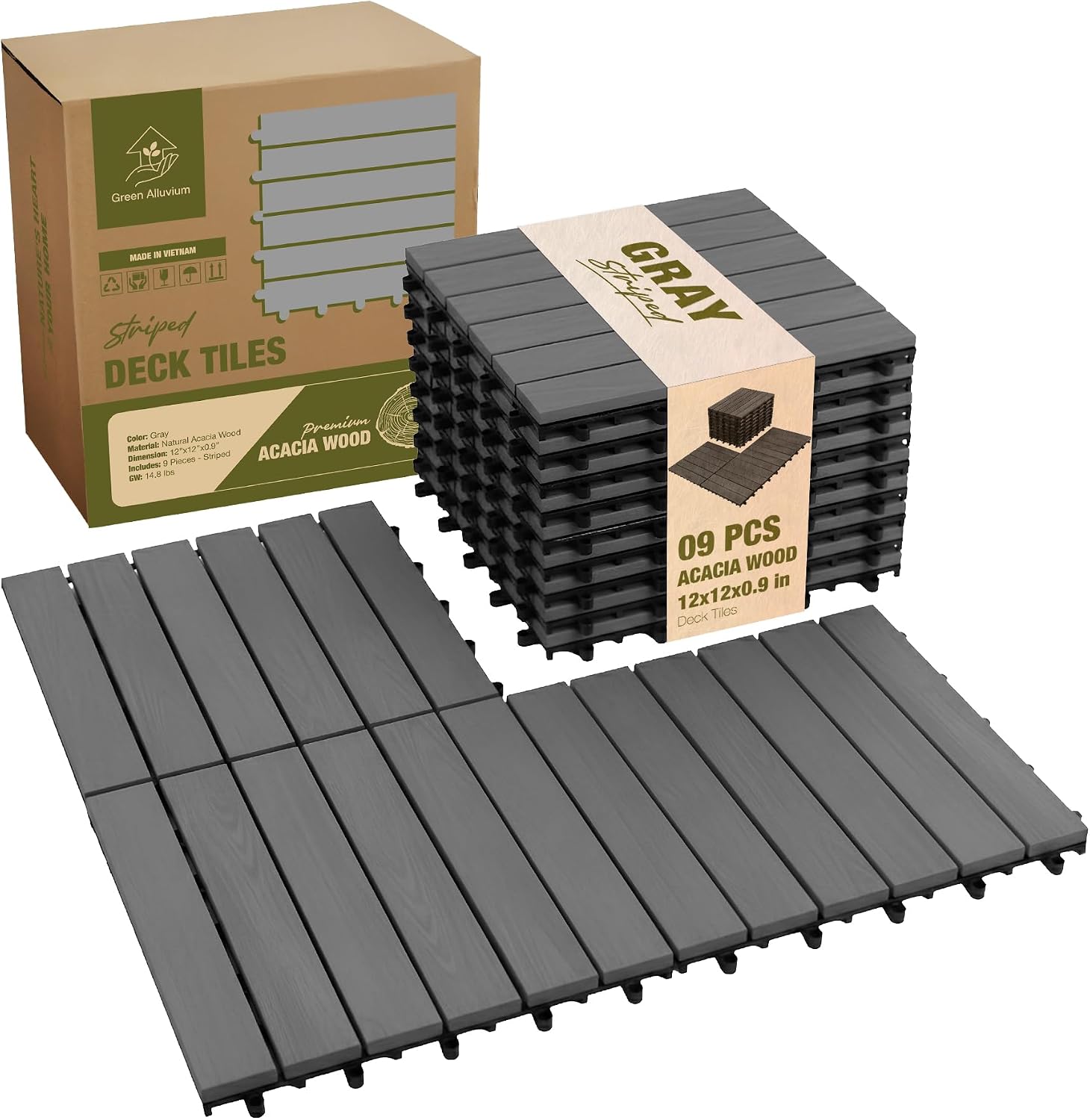 Acacia Wood Interlocking Deck Tiles, Patio & Backyard Tile, 12 in, 9 PCS