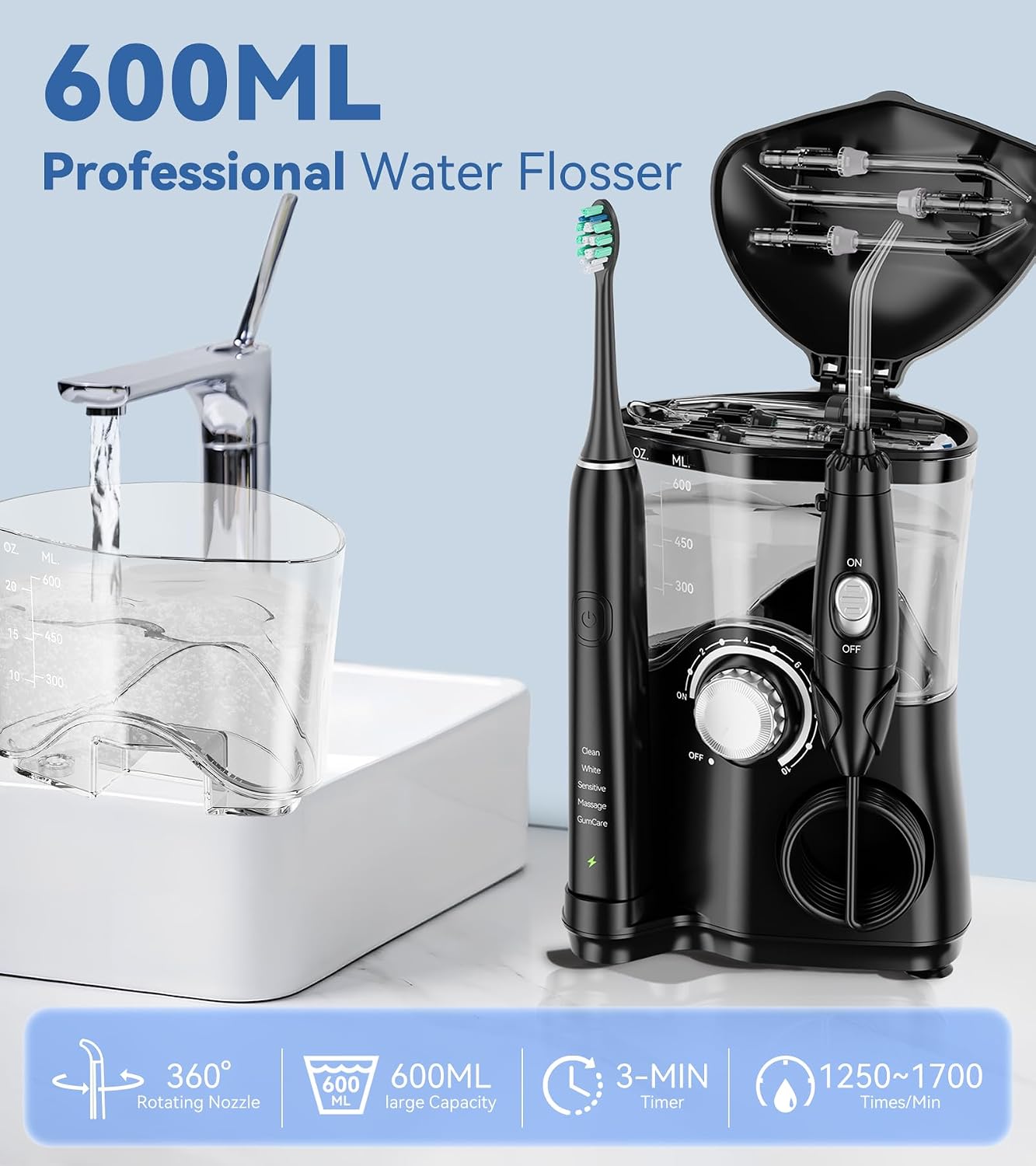 Water Flosser & Ultrasonic Electric Toothbrush Combo, 600ML Water Dental Flosser with 7 Jet Tips, 10 Adjustable Water Pressure, 5 Toothbrush Heads for Home Use, Gums, Braces