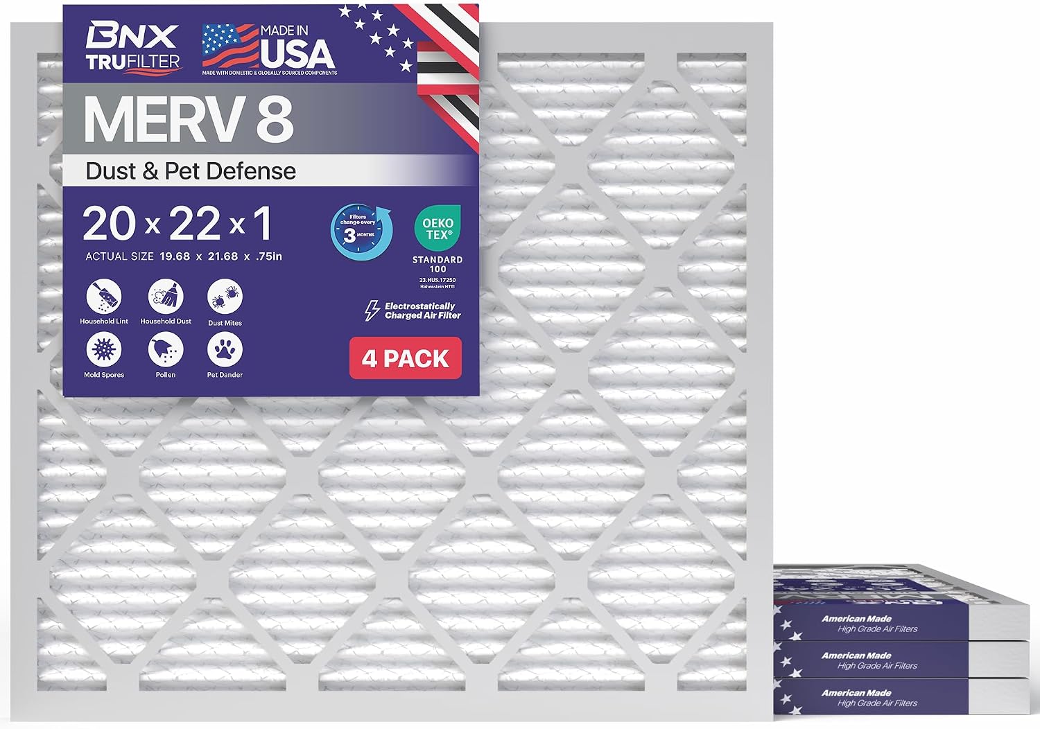 BNX TruFilter 20x22x1 Air Filter MERV 8 (4-Pack) - MADE IN USA – Dust & Pet Defense Electrostatic Pleated Air Conditioner HVAC AC Furnace Filters for Dust, Pet, Mold, Pollen MPR 600 – 700 & FPR 5