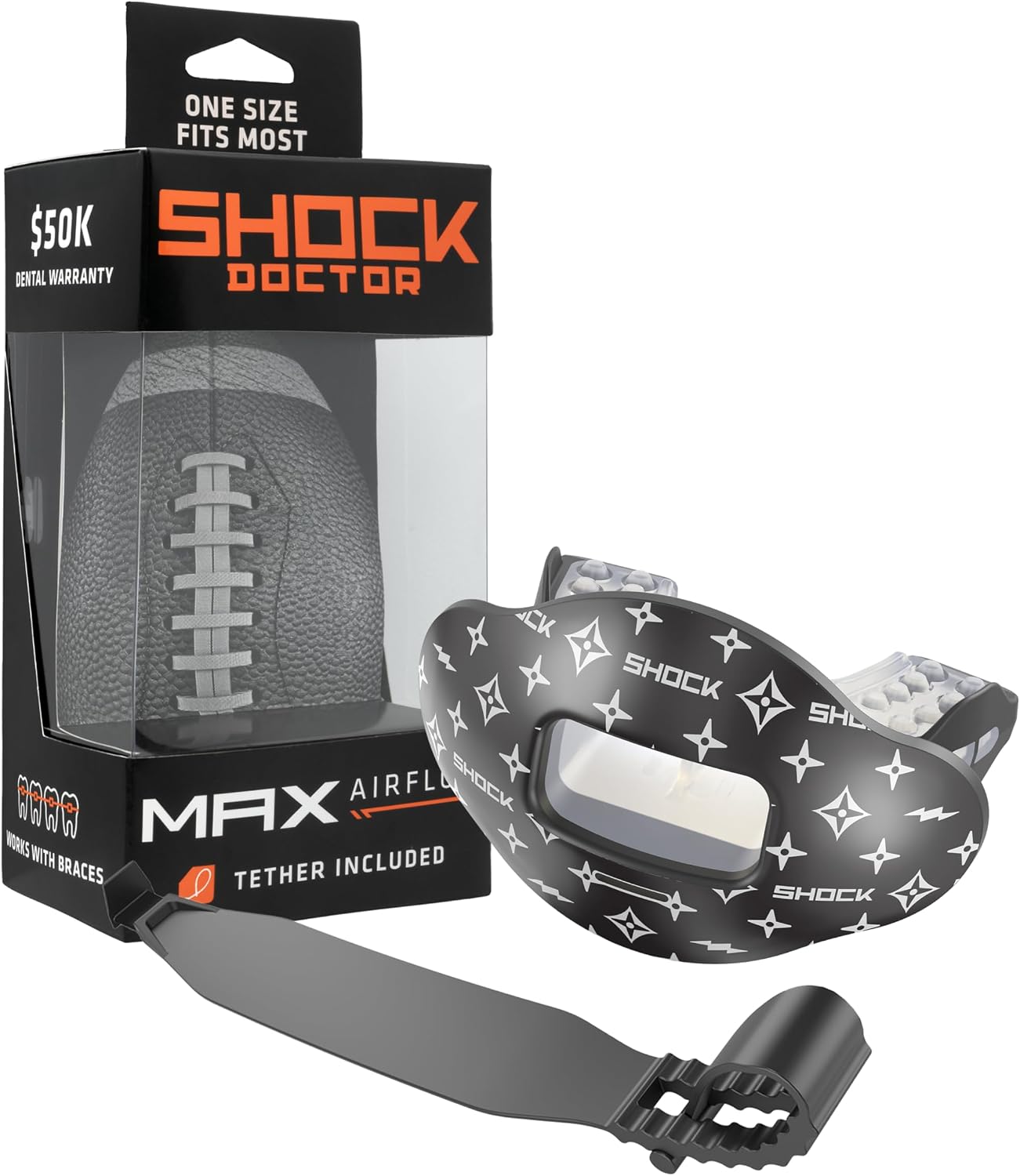Shock Doctor Lip Guard, Adult and Youth Mouth Guard Football with Strap, Breathable Wide Opening Football Mouthpiece for Youth and Adults OSFA, Shock Doctor Mouth Guards, Max Airflow