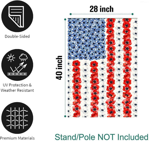 Patriotic Flower American House Flag 28 x 40 Double Sided Spring Summer Garden Decor 4th of July Memorial Independence Day Decorations Red White Blue Poppy Yard Banner for Outside