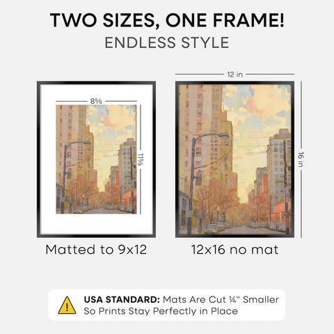 Homeforia 12x16 Black Picture Frame, High-End Metal, 9x12 Mat, Glass