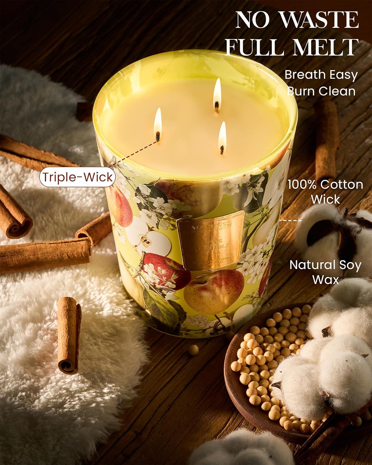 M&SENSE Apple Crumble Soy Candle, 35oz 3-Wick, Autumn Thanksgiving Candles