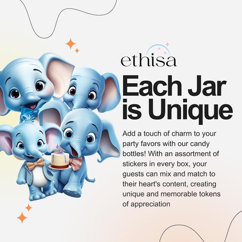 Ethisa Small 12 Pack Blue Elephant Party Favors - Candy Jars with Ribbons and Stickers - DIY Party Decoration Bottles for Baby Shower, Birthday, Gender Reveal, and Classroom - Boy Table Centerpiece